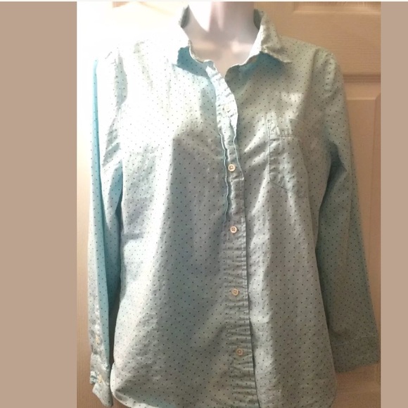 J. CREW Shrunked Oxford Polka Dot Shirt Blouse Top Aqua Green Turquoise Classic - Picture 2 of 8
